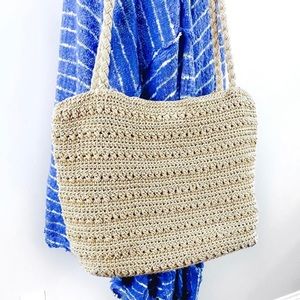crochet summer beach boho tan shoulder bag w braided straps